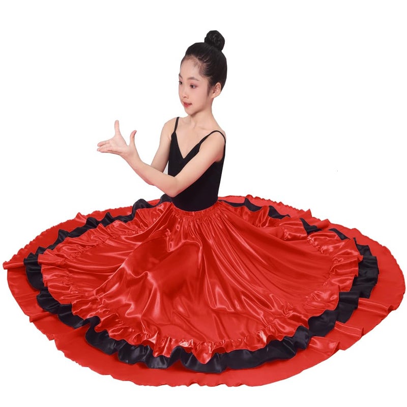 Backgarden 26" Black Red Layers Satin Long Skirt for Spanish Flamenco Belly Dance Gypsy Folklorico Performance Halloween Costume - Image 3